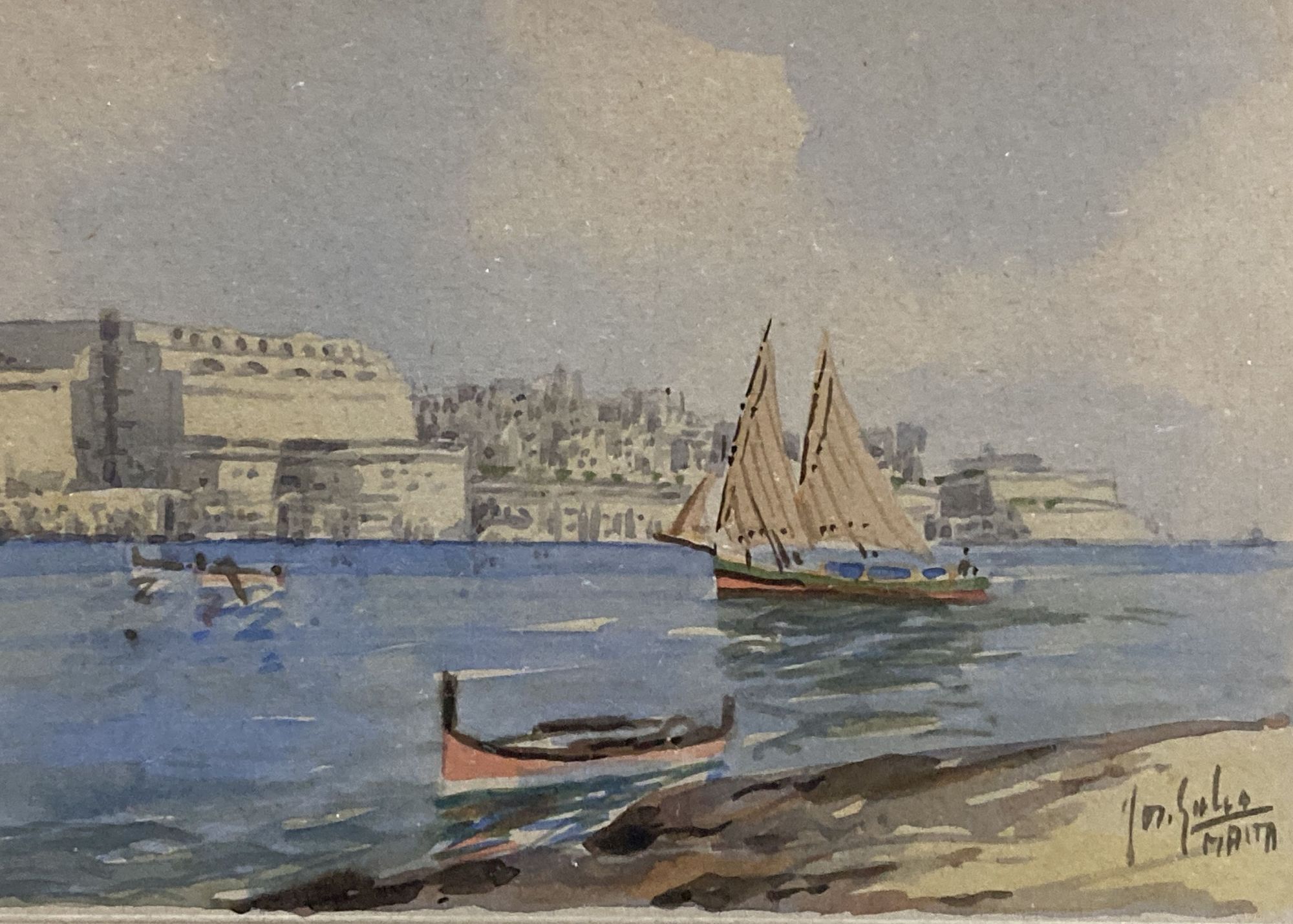 Joseph Galea, watercolour, Valetta from Senglia Point, Malta, signed, 13 x 19cm